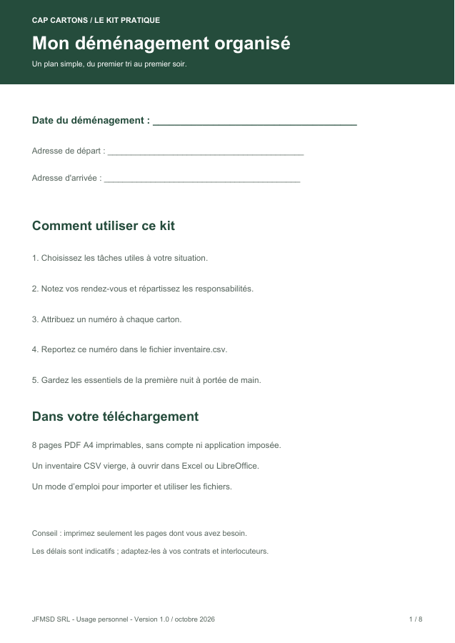 Aperçu de la première page du kit Cap Cartons, avec les champs date et adresses et son mode d’emploi